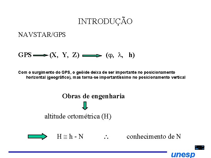 INTRODUÇÃO NAVSTAR/GPS (X, Y, Z) ( , , h) Com o surgimento do GPS,