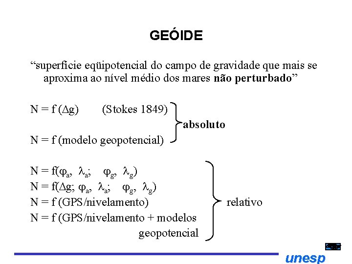 GEÓIDE “superfície eqüipotencial do campo de gravidade que mais se aproxima ao nível médio