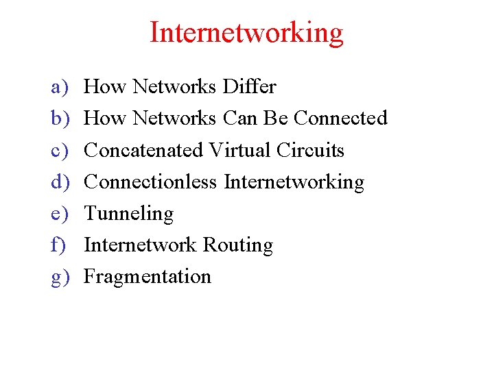 Internetworking a) b) c) d) e) f) g) How Networks Differ How Networks Can