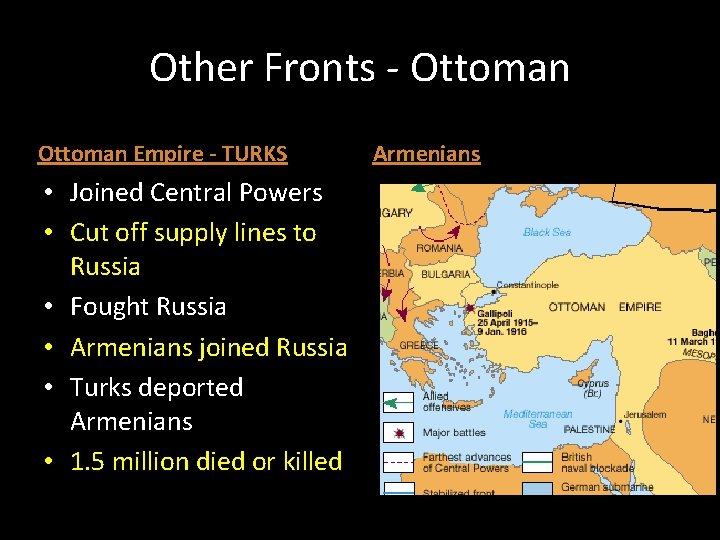 Other Fronts - Ottoman Empire - TURKS • Joined Central Powers • Cut off
