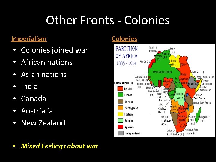 Other Fronts - Colonies Imperialism • • Colonies joined war African nations Asian nations
