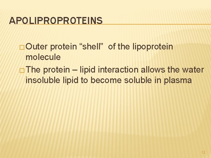 APOLIPROPROTEINS � Outer protein “shell” of the lipoprotein molecule � The protein – lipid