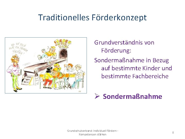 Traditionelles Förderkonzept Grundverständnis von Förderung: Sondermaßnahme in Bezug auf bestimmte Kinder und bestimmte Fachbereiche