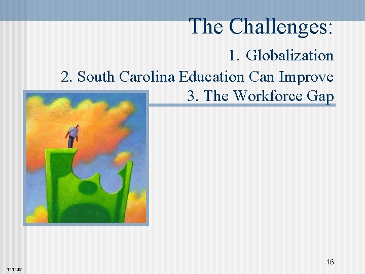 The Challenges: 1. Globalization 2. South Carolina Education Can Improve 3. The Workforce Gap