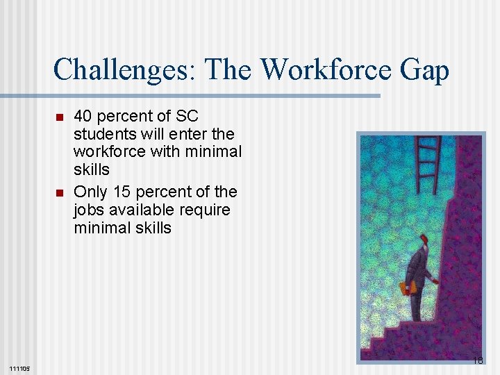 Challenges: The Workforce Gap n n 111105 40 percent of SC students will enter