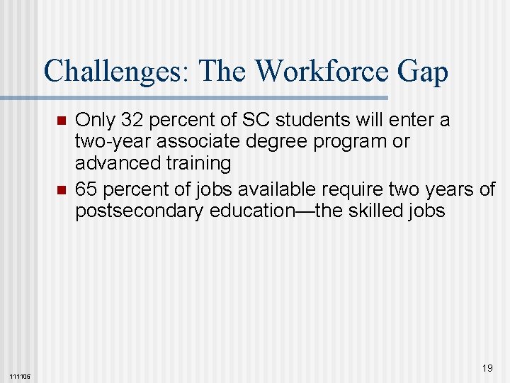 Challenges: The Workforce Gap n n 111105 Only 32 percent of SC students will