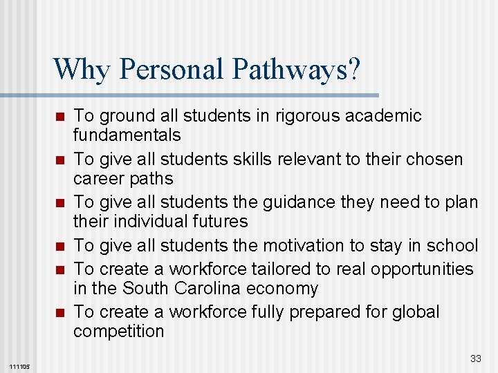 Why Personal Pathways? n n n 111105 To ground all students in rigorous academic