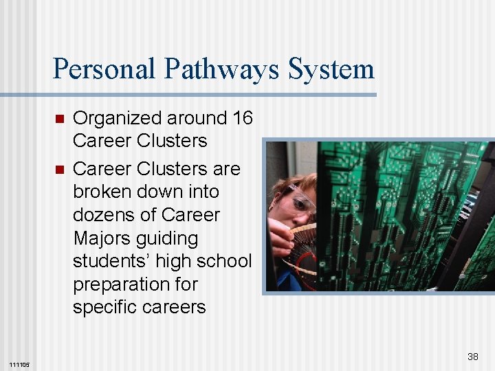 Personal Pathways System n n 111105 Organized around 16 Career Clusters are broken down