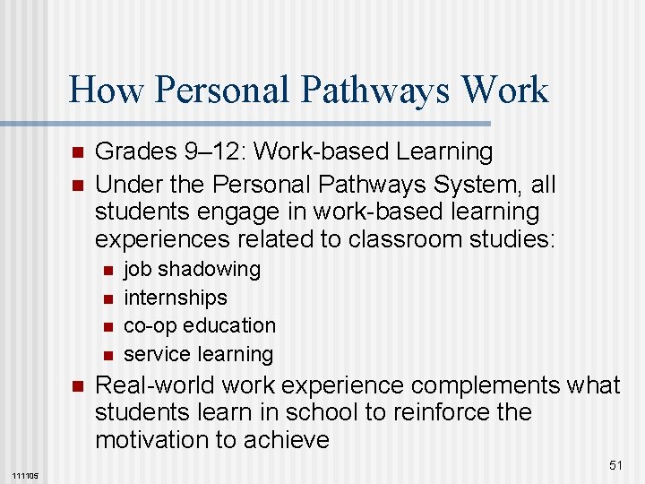How Personal Pathways Work n n Grades 9– 12: Work-based Learning Under the Personal