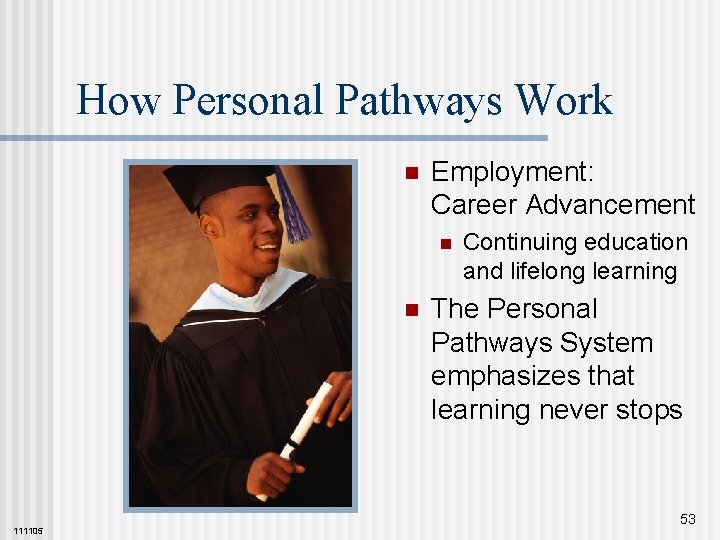 How Personal Pathways Work n Employment: Career Advancement n n 111105 Continuing education and