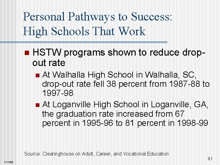 Personal Pathways to Success: High Schools That Work n HSTW programs shown to reduce