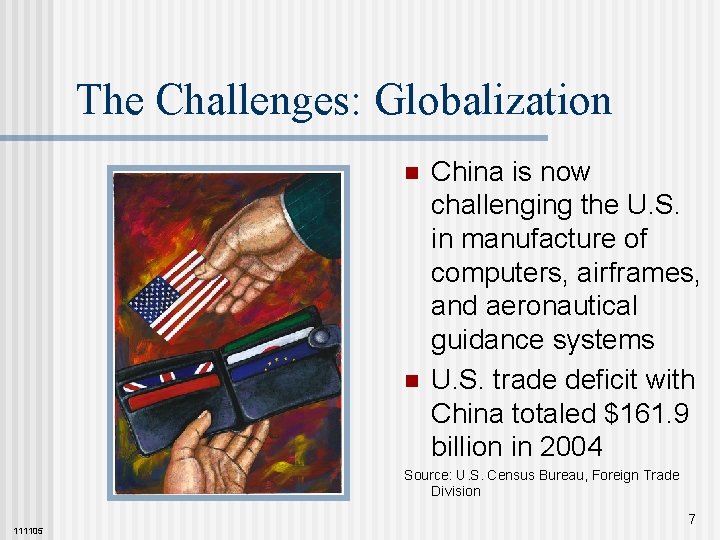 The Challenges: Globalization n n China is now challenging the U. S. in manufacture