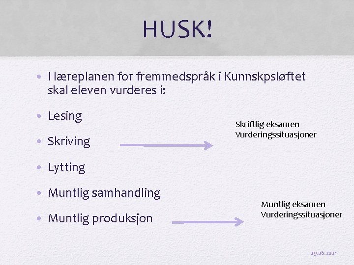 HUSK! • I læreplanen for fremmedspråk i Kunnskpsløftet skal eleven vurderes i: • Lesing