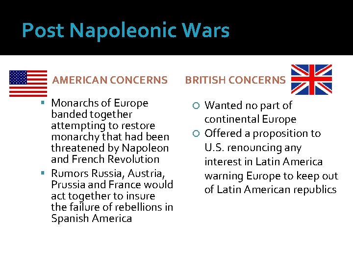 Post Napoleonic Wars AMERICAN CONCERNS Monarchs of Europe banded together attempting to restore monarchy