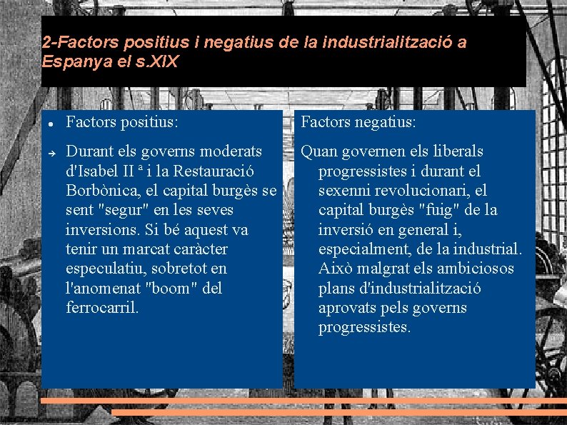 2 -Factors positius i negatius de la industrialització a Espanya el s. XIX Factors