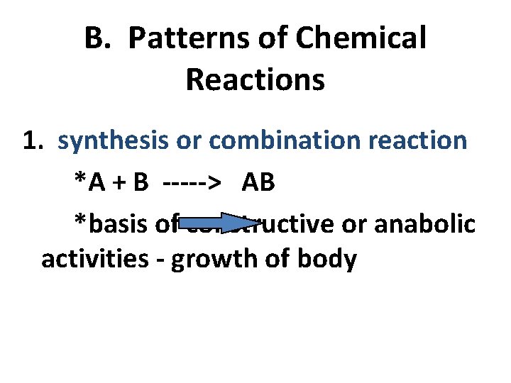 B. Patterns of Chemical Reactions 1. synthesis or combination reaction *A + B ----->