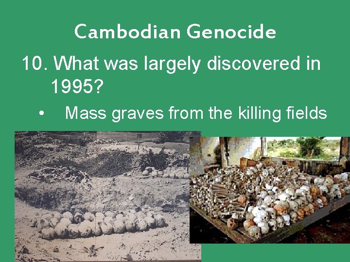 Cambodian Genocide 10. What was largely discovered in 1995? • Mass graves from the Cambodian Genocide 10. What was largely discovered in 1995? • Mass graves from the