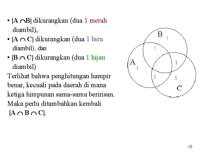  • |A B| dikurangkan (dua 1 merah diambil), • |A C| dikurangkan (dua