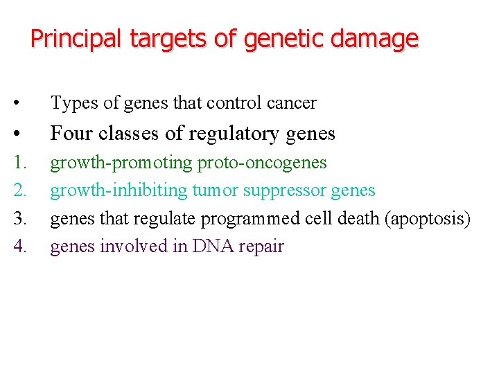 Principal targets of genetic damage • Types of genes that control cancer • Four