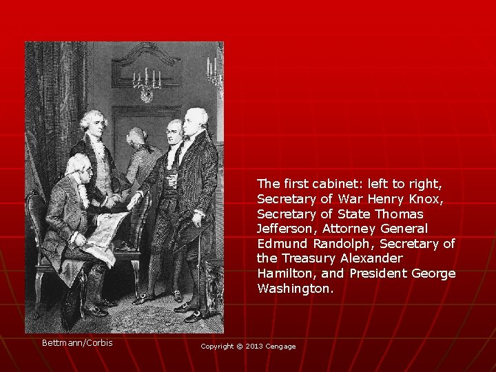 The first cabinet: left to right, Secretary of War Henry Knox, Secretary of State