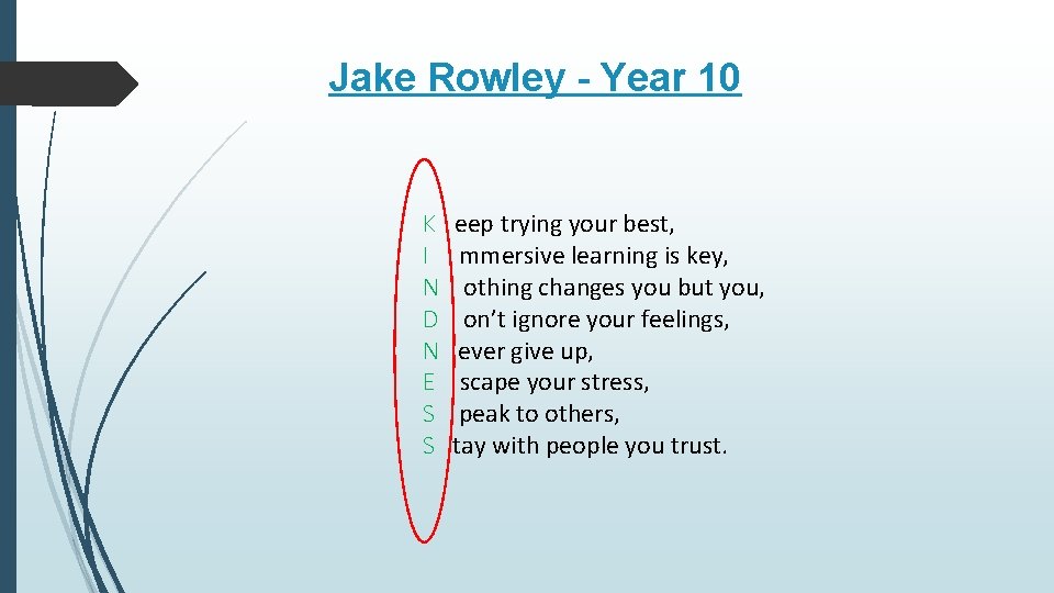 Jake Rowley - Year 10 K I N D N E S S eep