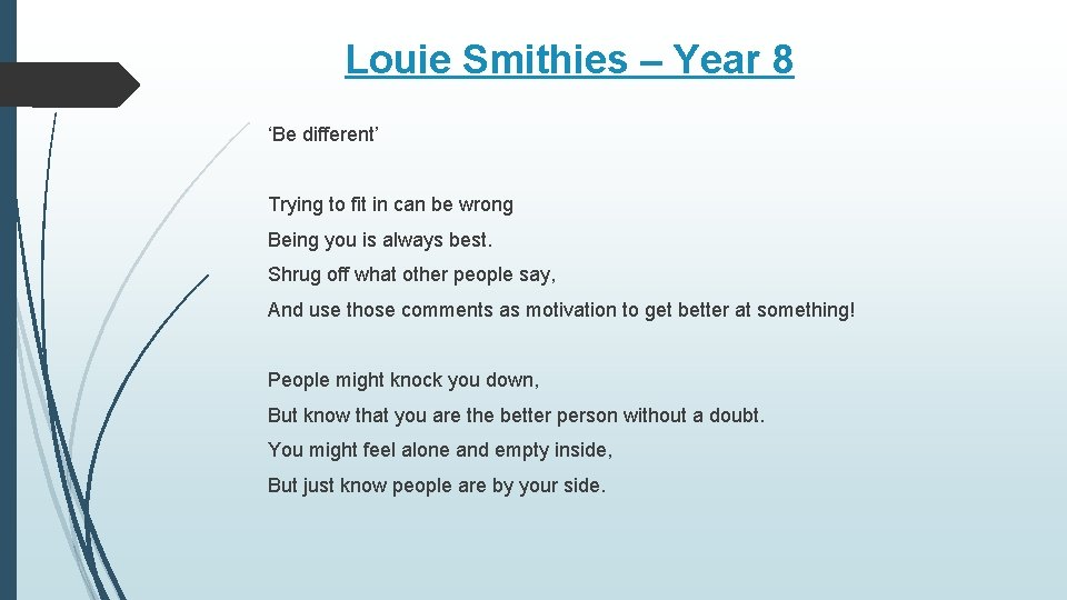 Louie Smithies – Year 8 ‘Be different’ Trying to fit in can be wrong