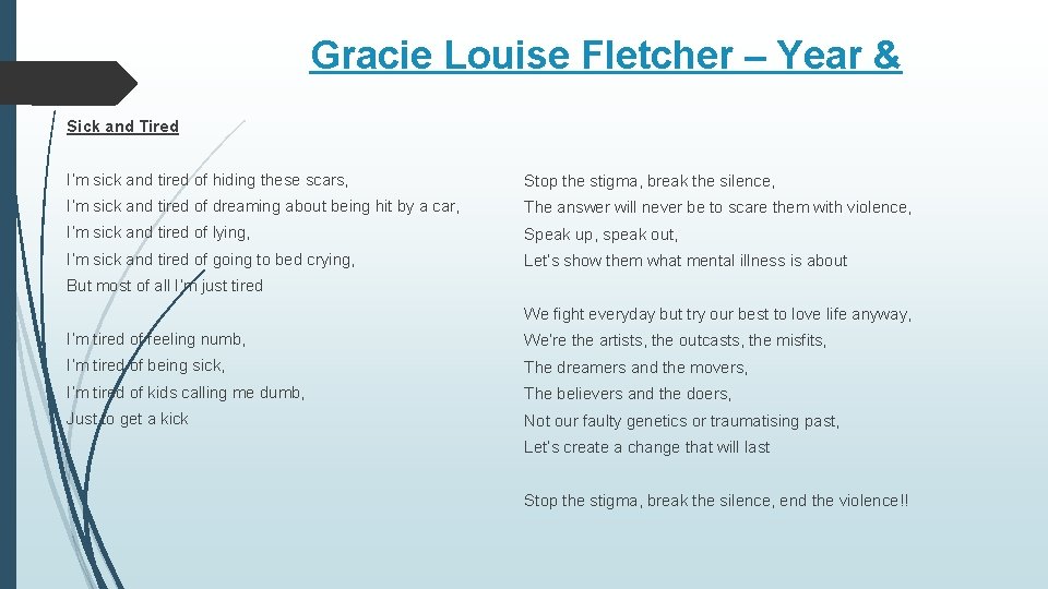 Gracie Louise Fletcher – Year & Sick and Tired I’m sick and tired of