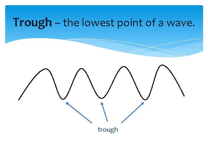 Trough – the lowest point of a wave. trough 