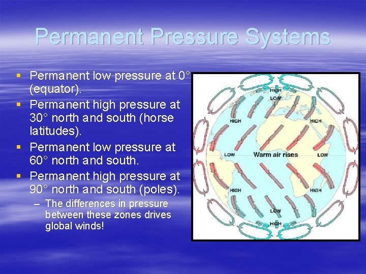 Permanent Pressure Systems § Permanent low pressure at 0° (equator). § Permanent high pressure