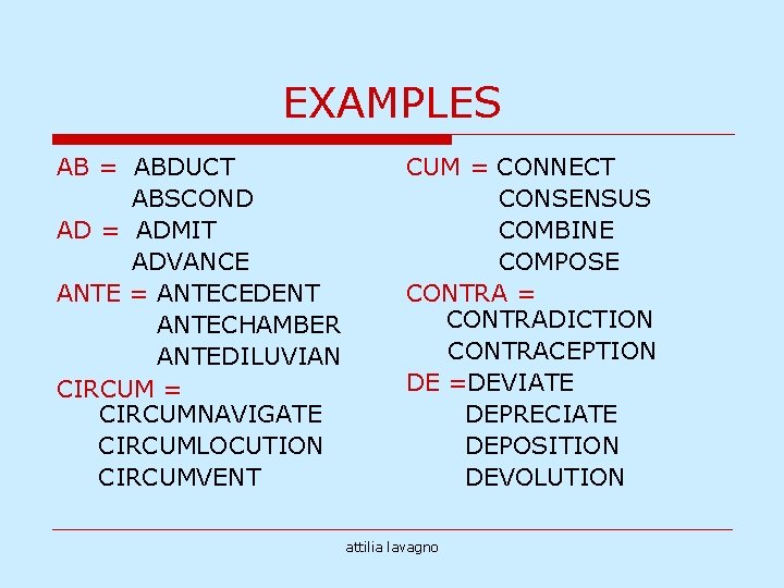 EXAMPLES AB = ABDUCT ABSCOND AD = ADMIT ADVANCE ANTE = ANTECEDENT ANTECHAMBER ANTEDILUVIAN