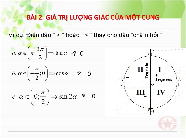 BÀI 2. GIÁ TRỊ LƯỢNG GIÁC CỦA MỘT CUNG Ví dụ: Điền dấu “