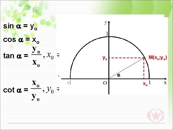 sin = yo cos = xo tan = yo yo M(xo; yo) cot =