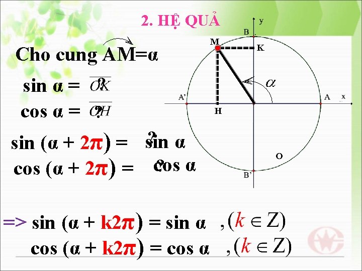2. HỆ QUẢ Cho cung AM=α sin α = ? cos α = ?
