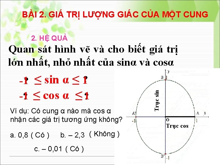 BÀI 2. GIÁ TRỊ LƯỢNG GIÁC CỦA MỘT CUNG 2. HỆ QUẢ -1? ≤