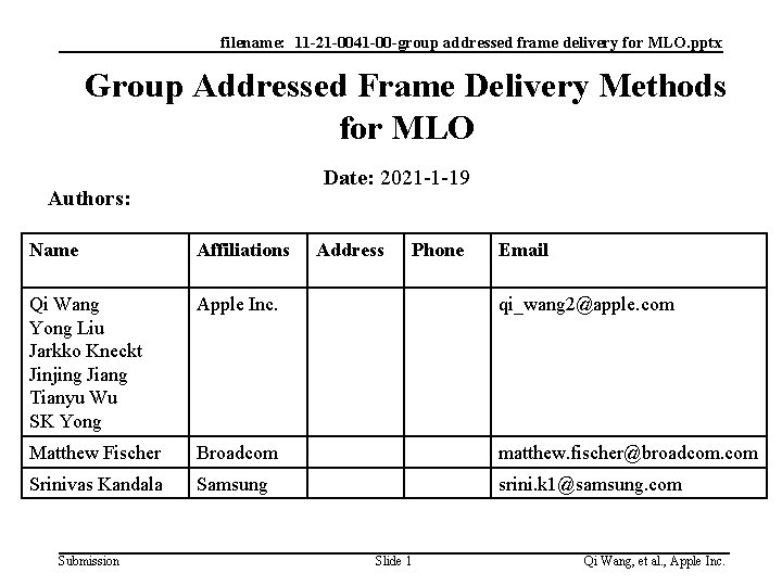 filename: 11 -21 -0041 -00 -group addressed frame delivery for MLO. pptx Group Addressed