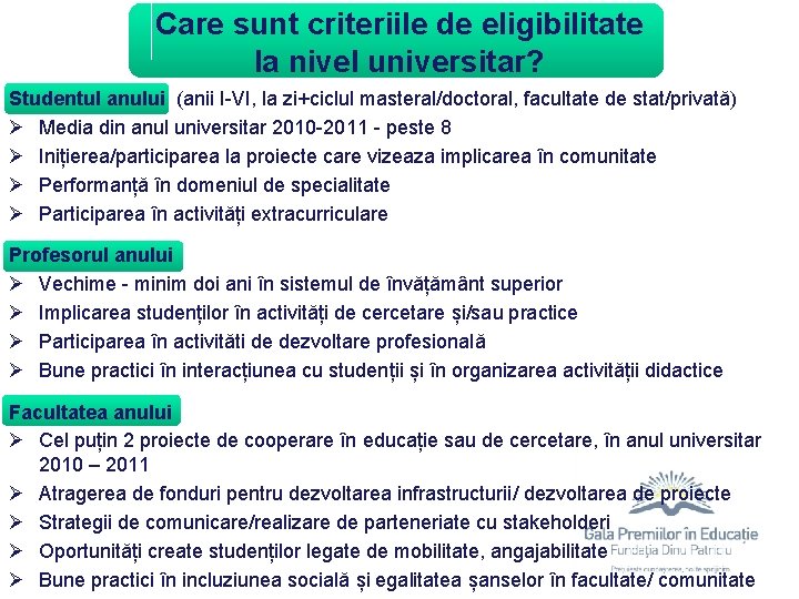Care sunt criteriile de eligibilitate la nivel universitar? Studentul anului (anii I-VI, la zi+ciclul