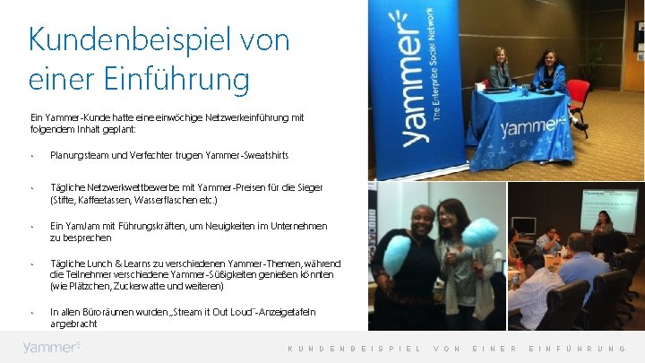 Kundenbeispiel von einer Einführung Ein Yammer-Kunde hatte einwöchige Netzwerkeinführung mit folgendem Inhalt geplant: •