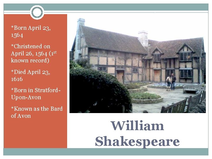 *Born April 23, 1564 *Christened on April 26, 1564 (1 st known record) *Died