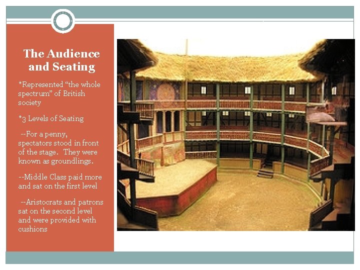 The Audience and Seating *Represented “the whole spectrum” of British society *3 Levels of