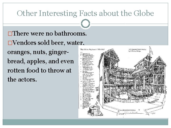 Other Interesting Facts about the Globe �There were no bathrooms. �Vendors sold beer, water,