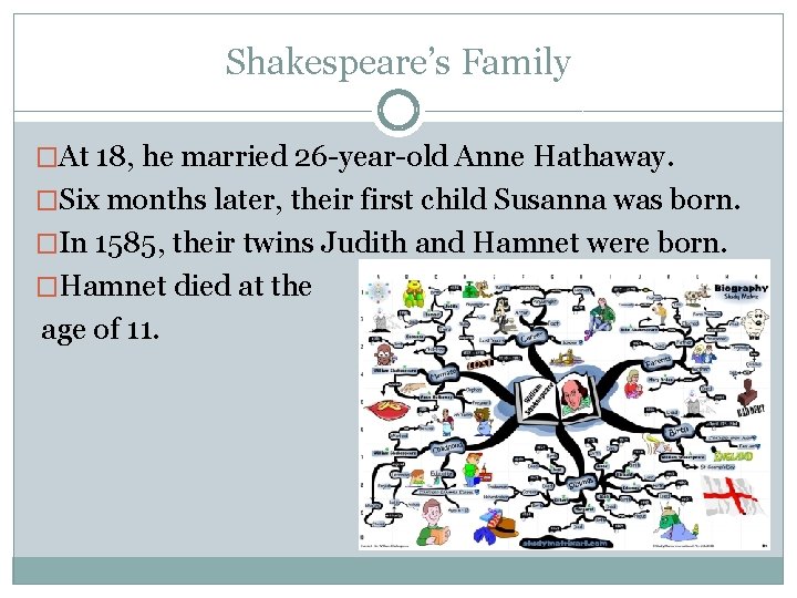 Shakespeare’s Family �At 18, he married 26 -year-old Anne Hathaway. �Six months later, their