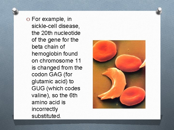O For example, in sickle-cell disease, the 20 th nucleotide of the gene for