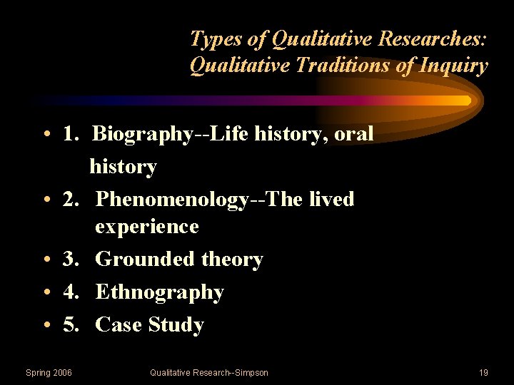 Types of Qualitative Researches: Qualitative Traditions of Inquiry • 1. Biography--Life history, oral history