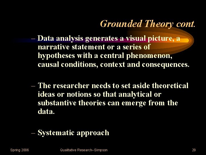 Grounded Theory cont. – Data analysis generates a visual picture, a narrative statement or