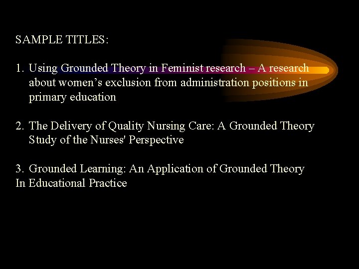 SAMPLE TITLES: 1. Using Grounded Theory in Feminist research – A research about women’s