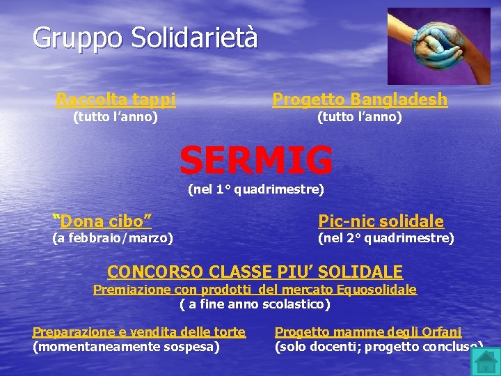 Gruppo Solidarietà Raccolta tappi Progetto Bangladesh (tutto l’anno) SERMIG (nel 1° quadrimestre) “Dona cibo” Gruppo Solidarietà Raccolta tappi Progetto Bangladesh (tutto l’anno) SERMIG (nel 1° quadrimestre) “Dona cibo”