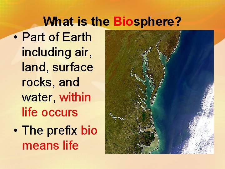 What is the Biosphere? • Part of Earth including air, land, surface rocks, and