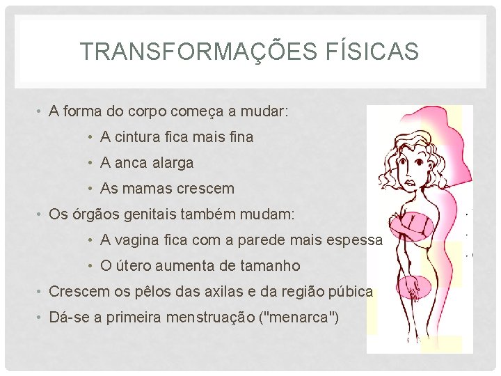 TRANSFORMAÇÕES FÍSICAS • A forma do corpo começa a mudar: • A cintura fica