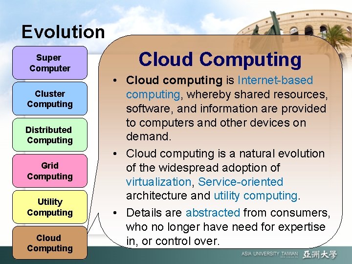 Evolution Super Computer Cluster Computing Distributed Computing Grid Computing Utility Computing Cloud Computing •