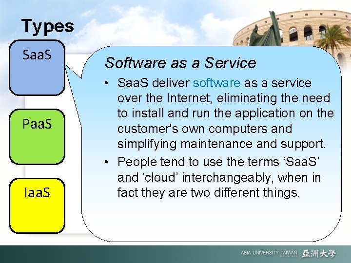 Types Saa. S Paa. S Iaa. S Software as a Service • Saa. S